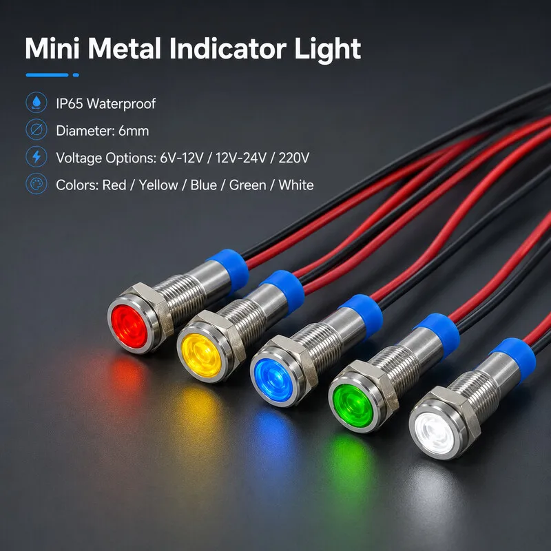 6mm 금속 LED 표시등 방수 패널 마운트 파일럿 신호등 사전 배선 6V 12V 24V 220V 빨강 노랑 파랑 초록 흰색