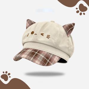 귀여운 고양이 귀 모양의 챙이 넓은 모자, 여성용, 일상 캐주얼 스타일, 베이커 보이 캡, 스트리트 패션, 귀여운 고양이 얼굴 자수, 사랑스러운 스타일, 체크무늬 챙, 여행용