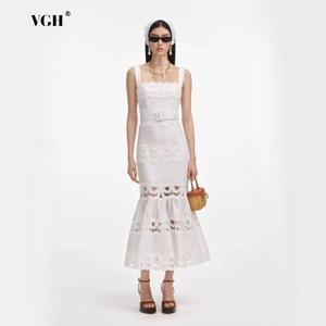 VGH 여성을위한 솔리드 우아한 스플 라이스 중공 드레스 스퀘어 칼라 민소매 패치 워크 새시 하이 웨이스트 Bodycon 드레스 여성