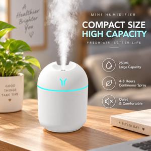 250ml 미니 USB 가습기, 아로마 디퓨저, 에센셜 오일, 시원한 미스트 생성, RGB LED 야간 조명, 저소음, 가정, 자동차, 사무실, 침실용