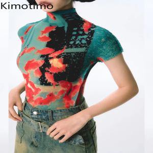 Kimotimo 하라주쿠 폴드 금붕어 프린트 티셔츠 여성 여름 Y2k 미적 터틀넥 슬림 크롭 탑 반소매 Ropa De Mujer