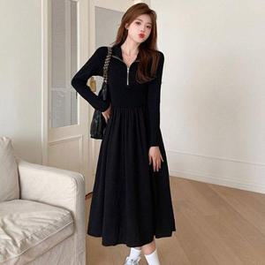 여름데일리룩 가을 캐주얼 올블랙 카라 반집업 A라인 롱 원피스