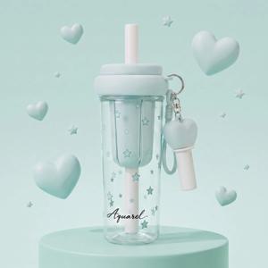 아쿠아렐 귀여운 트라이탄 빨대 물병 차망 하트 키링 투명 휴대용 물통 700ml