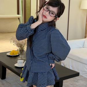블루 깅엄 셔츠 프릴 스커트 셋업 여아치마 치마바지 가을 주니어 초등학생 R24863