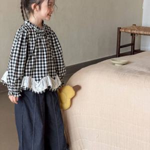 깅엄 체크 블라우스 데님 셋업 여아청바지 데님팬츠 와이드팬츠 긴바지 가을 블루 R24848