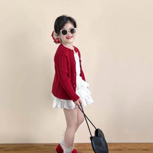 레드 니트 가디건 캉캉 스커트 셋업 여아치마 치마바지 겨울 기모 아동 초등학생 R24841