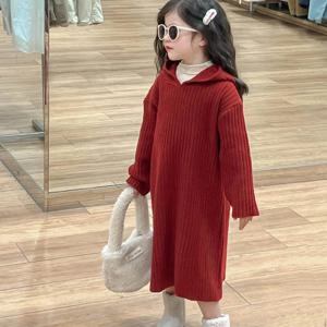 레드 후드 니트 롱 원피스 여아원피스 드레스 니트원피스 겨울원피스 겨울 기모 R24798
