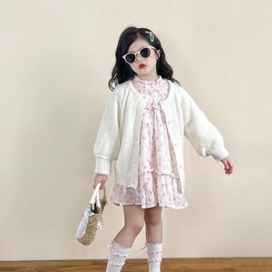 아이보리 니트 가디건 핑크 플라워 원피스 셋업 여아원피스 드레스 니트원피스 R24797