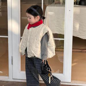아이보리 도트 퀼팅 베스트 체크 팬츠 셋업 여아조끼 패딩조끼 겉옷 겨울 기모 R24792