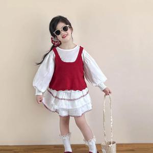 레드 니트 베스트 캉캉 스커트 셋업 여아치마 치마바지 겨울 기모 아동 초등학생 R24747