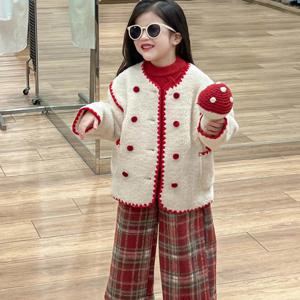 아이보리 레드 트리밍 가디건 체크 팬츠 셋업 여아가디건 니트 겉옷 집업 겨울 R24745