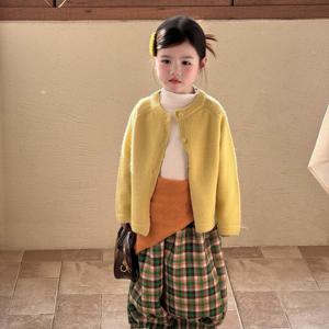 옐로우 니트 가디건 체크 벌룬 팬츠 셋업 여아가디건 벌룬팬츠 겉옷 집업 겨울 R24759