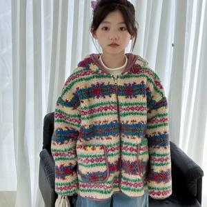 멀티 페어아일 양털 후드 자켓 여아자켓 점퍼 겉옷 겨울 기모 주니어 초등학생 R24662