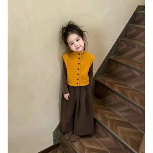 오렌지 니트 베스트 쓰리피스 여아조끼 패딩조끼 겉옷 겨울 기모 아동 초등학생 R24625