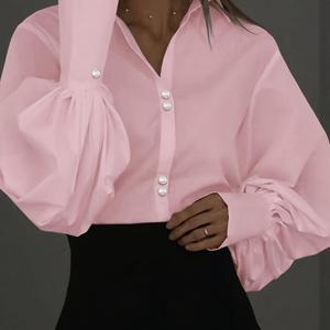여성 패션 우아한 출퇴근용 라펠 랜턴 슬리브 셔츠, 단색 원단, 버튼 앞면 클로저, 사무실, 캐주얼 외출, 데이트, 파티, 공항 등에 적합, 가볍고 통기성 좋음, 사계절용 핑크 셔츠
