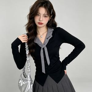 신상 가을/겨울 패션 활용도 높은 폴로 카라 긴팔 티셔츠; 우아한 슬림핏 트렌디한 상의