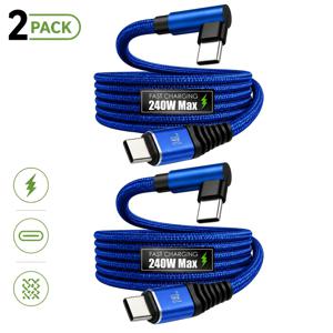 2개 묶음 240W 90도 USB-C-USB-C 고속 충전 케이블, L자형 직각 브레이드 충전 케이블, PD 초고속 충전 및 데이터 전송 지원, 아이폰 15 시리즈, 삼성, 맥북, 아이패드 호환, 6가지 색상으로 제공