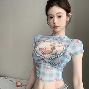 Y2K 스타일의 달콤하고 매운 핏의 숏 플래드 메쉬 탑, 여성용 유니크 프린트 반팔 티셔츠