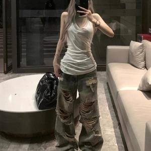 여성 데미지 와이드 청바지 찢청 빈티지 워싱 루즈핏 스트릿 힙한 디스트로이드 얇은 여름용 통바지 체형커버 롱팬츠 데일리 꾸안꾸 힙스터룩