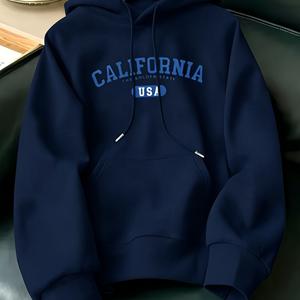 블루 CAL 패션 프린트 남성 후드티, 드로스트링 긴팔 풀오버 후드 스웨트셔츠, 트렌디한 프린트 캐주얼 탑, 아웃도어 러닝 및 피트니스, 스포츠, 레저 및 스트리트웨어를 위한 다용도 프린트 풀오버 스웨트셔츠, 데일리룩으로 적합