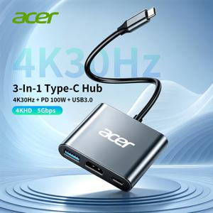 Acer USB C - HDTV 멀티포트 어댑터, 4K HDTV 출력 3 in 1 Type C 허브, 100W PD 충전, 포트, Macbook, iPad, iPhone 15/16, 노트북, 태블릿, Switch 호환