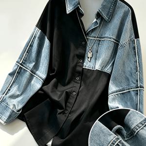 [프린트 팬츠 - 데님 원단 아님] 여성 패치워크 프린트 디자인 셔츠, 레트로 캐주얼 루즈핏 긴소매 버튼업 데님 프린트 라펠 셔츠 - 프린트 레깅스 소재로 제작, 실제 데님 원단 아님