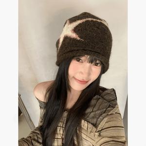 펜타그램 스타일 빔 니들 비니 여성용 게으른 스타일 풀오버 모자 가을 겨울 두꺼운 따뜻한 다용도 큰 머리 둘레의 분위기 있는 모자
