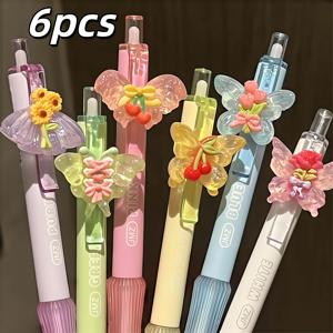 6개 젤 펜 귀여운 나비 과일 향 저중력 중성 펜, 힐링 스위트 스타일, 0.5mm ST 팁 블랙 속건성 부드러운 잉크, 3D 글리터 나비 디자인, 학생 교실 노트 숙제 필기 문구류