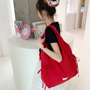봄 여름 신상 한국 버전 토트백, 산뜻한 레이스업 나일론 숄더백, 대용량 베스트백, 스타일 통근 가방