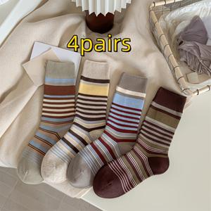 4켤레 예술적인 빈티지 컬러블록 양말, 일본 모리 스타일 개성 있는 대비 색상 양말, 사계절용 중목 슬라우치 양말