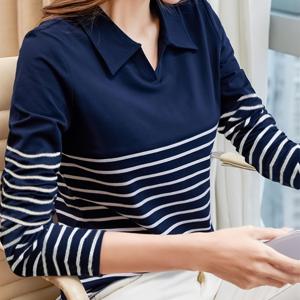 프린트 디자인 – 무질감 여성용 상의, 네이비 블루 단색과 대비되는 H자형 밑단, 흰색 줄무늬 라펠, 긴소매 폴로 셔츠, 심플하고 세련된 일상 출퇴근복, 우아한 셔츠, 새로운 가을 여성 의류 도착