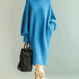 여성용 헤비 겨울 원피스 - 목이 높은 네크라인, 랜턴 슬리브, 밑단 보강이 있는 두꺼운 오버니 스웨터 원피스 | 사무실, 교회 행사에 적합한 비대칭 롱 원피스 | 포근한 가을 겨울 의상