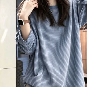프린트 디자인 – 질감이 없는 긴소매 티셔츠 여성용, 루즈핏 크루넥 상의, 한국 스타일 릴랙스핏 다용도 베이직 캐주얼 베이스 레이어 봄과 가을용