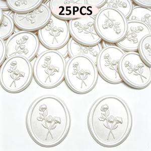 25개 3D 플로럴 왁스 씰 스티커 - 웨딩 초대장, 봉투, 선물 포장, 크리스마스 카드 & 스크랩북용 우아한 타원형 진주 흰색 자체 접착 씰