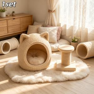 1 세트 모형 집 미니 고양이 가구 키트, 시뮬레이션 고양이 구멍 침대 및 고양이 스크래치 기둥, 조경 장식품, 모형 집 장식용