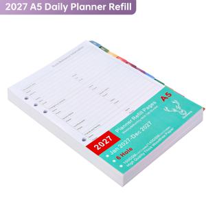 2027 플래너 리필용지, A5/A6 사이즈, 6구멍 펀치, 12개 월별 가르개 탭, 두꺼운 종이, 주간 및 월간 캘린더 인서트, 중요한 날짜, 주소 포함, 6링 바인더와 호환