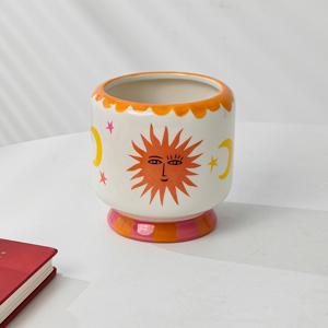 [핸드 페인팅 ] 핸드 페인팅 세라믹 화분 | 1개 다기능 메이크업 브러쉬 홀더, 다육이 화분 & 받침대 포함 캔들 홀더 - 악의 눈, 태양 & 달, 하트, 야자수, 동물 디자인, 욕실 화장대용 페인팅, 선물