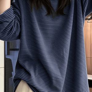 프린트 디자인 – 질감이 없는 여성용 크루넥 가는 줄무늬 긴소매 상의, 여유로운 스타일의 루즈핏 티셔츠, 일상 통근 및 아우터웨어를 위한 심플한 베이직 레이어링 상의