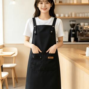 여성용 일본 스타일 간편 조절 턱받이 앞치마, 주방 베이킹 홈 작업복, 꽃집 바리스타 내마모성 대형 포켓 허리 앞치마