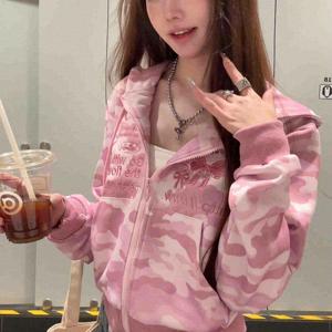 2026년 신상 핑크 카모 후드티 아메리칸 레트로 오버사이즈 캐주얼 반팔 재킷 여성용 봄 가을