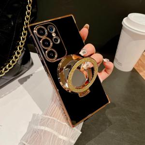 휴대폰 케이스 - 글로시 레이스 쉬머링 파우더 라운드 콤팩트 거울 스탠드 접이식 여성용 휴대폰 케이스, 삼성 갤럭시 S20 S21 S22 S23 S24 S25 FE 호환, 풀 커버리지 낙하 방지 휴대폰 케이스