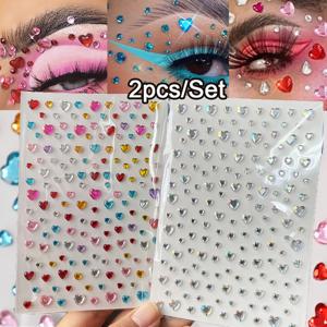 3D 컬러풀 오로라 하트 모양 러브 페이스 스티커 2개 세트, 축제 글리터, 라인스톤, 메이크업 파티 페이스 데칼에 완벽