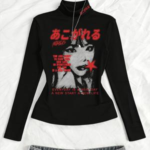 일본 빈티지 애니메이션 티셔츠 - 슬림핏 하이넥 긴팔 베이스 레이어 탑, 레트로 만화 프린트, 가을/겨울 레이어링에 적합, 세탁기 사용 가능한 캐주얼 의류