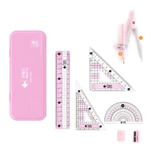 학생용 기하학 세트, 금속 컴퍼스, 각도기, 15cm 자, 삼각자, 연필, 지우개, 깎이, 금속 케이스가 포함된 8종 수학 컴퍼스 키트, 학교, 교실, 숙제, 제도용도 및 시험용 기하학 학용품, 블루와 핑크