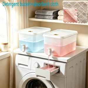 3개 세트 5L 세탁세제 디스펜서 용기(주둥이 탭 포함), 누수 방지 액체 비누 보관 통, 다용도 물 주전자 세트, 빨래방 욕실용 흡수성 극세사 청소용 천 포함