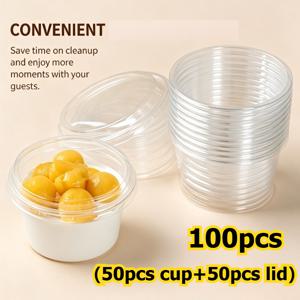 100개입 (컵 50개, 뚜껑 50개) 디저트 컵, 투명 파르파이 컵, 뚜껑 포함 150ml 원형 디저트 용기, 컵, 미니 케이크, 푸딩, 요거트, 무스, 과일, 파티 용품에 적합