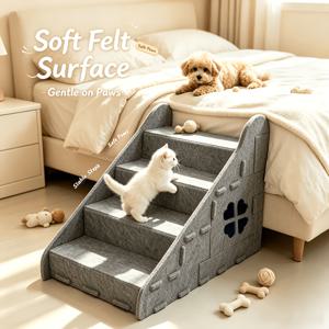 3-in-1 다기능 고양이 계단 및 사다리 - 4단 휴대용 반려동물 발판 계단, 침대, 소파, 캣타워, 경사로, 침대 옆 경사로용, 내구성 있는 펠트 고양이 침대 및 스크래칭 보드, 아기 고양이, 고양이, 좁은 공간용 안정적인 사다리