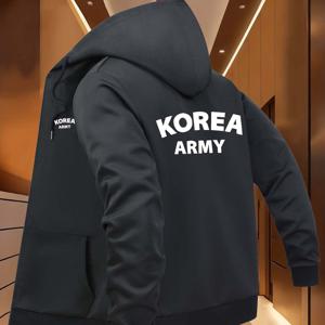 크리에이티브 양면 프린트 패턴 디자인 캐주얼 후드 재킷, KOREA ARMY 텍스트 프린트 후드 재킷, 대담한 영어 타이포그래피, 밀리터리 스타일, 남성용 캐주얼 지퍼 후드 재킷 포켓 포함, 지퍼 후드 재킷, 부드러운 질감, 스트리트웨어 패션, 데일리 재킷, 스포티한 스타일, 프린트 디자인, 내구성 있는 원단, 남성용 아우터웨어, 남성 패션