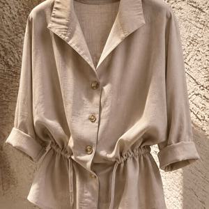 Women's Fall Winter Autumn Loose Fit Long Sleeve Blouse, Linen Look Button Front Shirt, V Ne Notched Collar Casual Tops with Drawstring Waist for Daily Work and Vacation