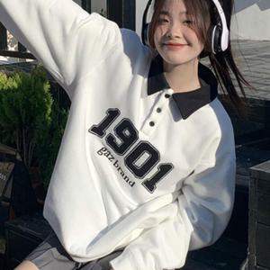 SunburstWonder 여성용 폴로 칼라 배색 맨투맨 봄 가을 신상 한국판 루즈핏 타월 자수 빈티지 미국식 카라 상의
